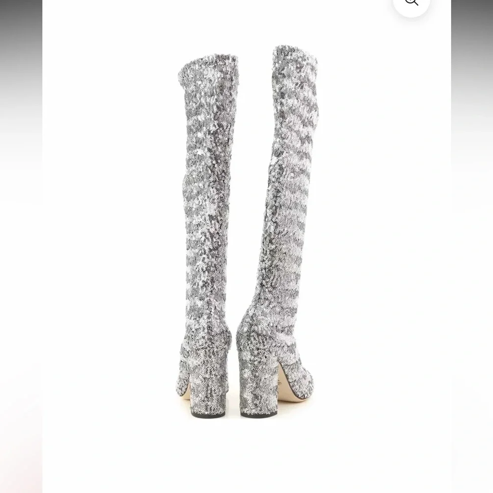 DOLCE AND GABBANA Silver Sequin Knee-High Boots - Picture 3 of 6